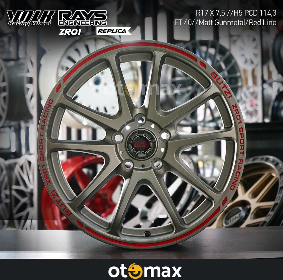 Velg Mobil Volk Rays Butzi ZR01 Ring 17 H5 Matt Gunmetal Garis Merah