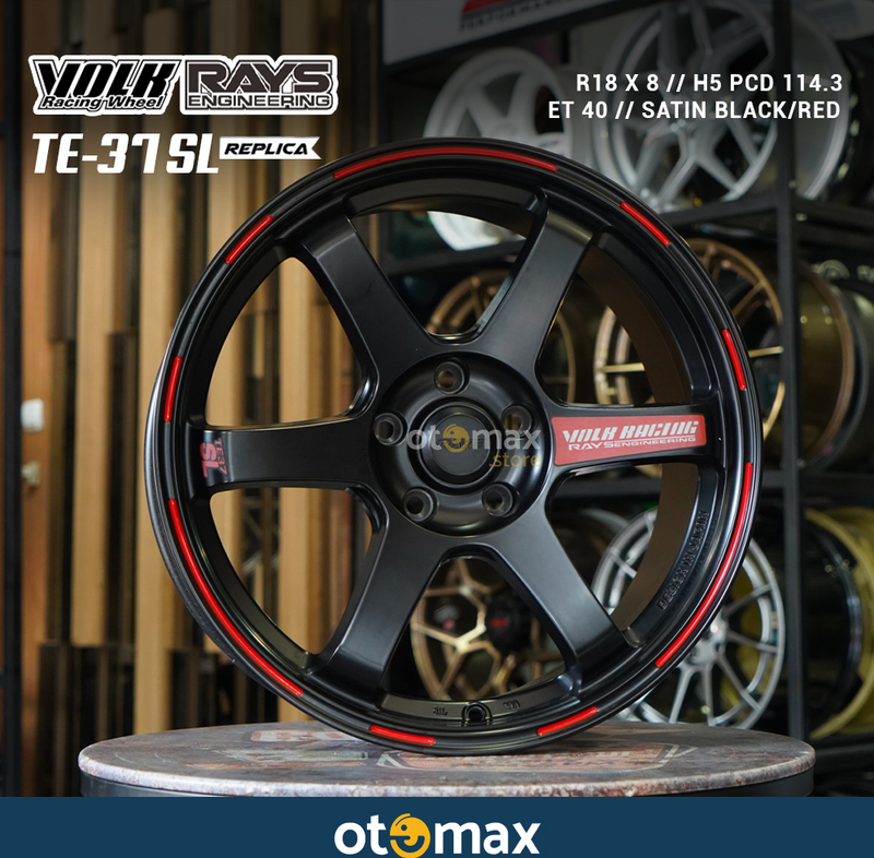 Velg Mobil Volk Rays TE37 SL Ring 18 Satin Garis Hitam/Merah