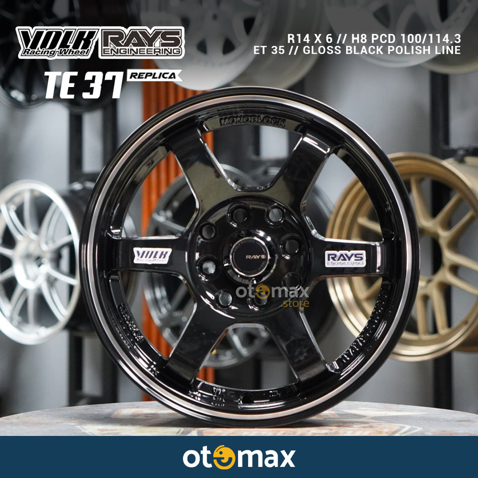 Velg Mobil Volk Rays TE37 A707 Ring 14 Gloss Black Polish Line