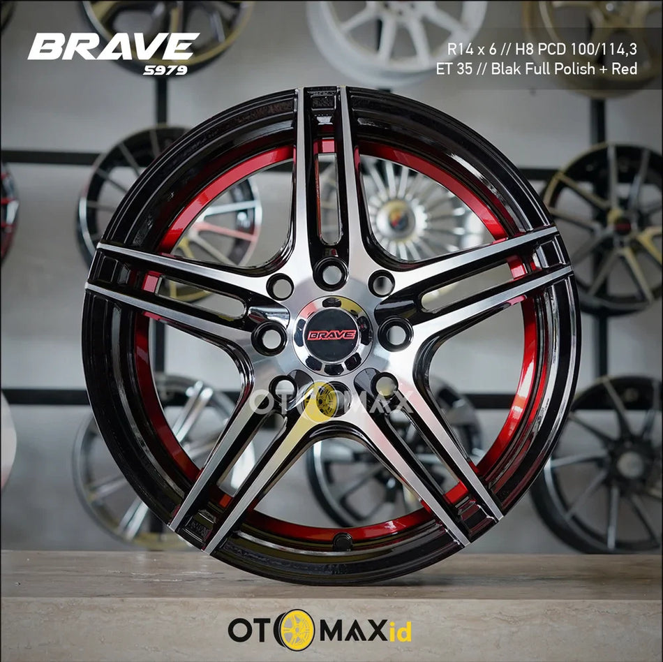 Velg Mobil Brave 5979 Ring 14 Hitam Full Garis Merah Polandia