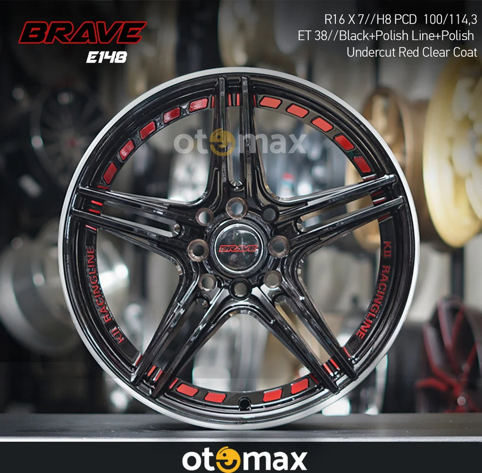 Velg Mobil Brave E148 Ring 16 Black Polish Line Polish Undercut Lapisan Merah