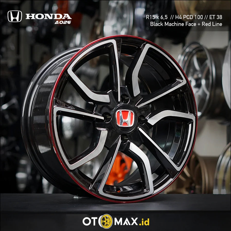 Velg Mobil Honda A026 Ring 15 Muka Mesin Hitam Dengan Garis Merah