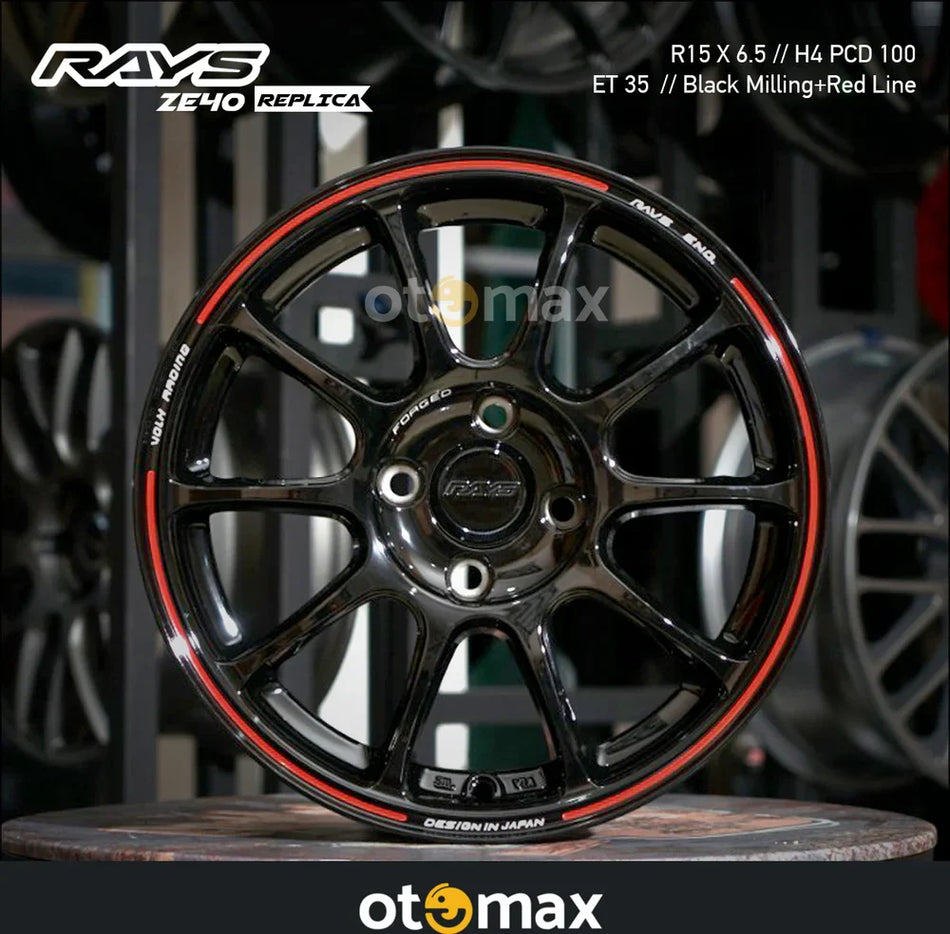 Velg Mobil Rays ZE40 Ring 15 Hitam Milling Merah