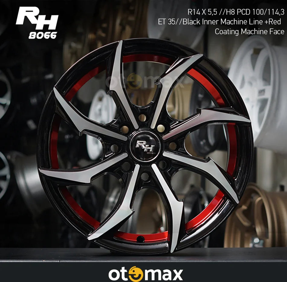 Velg Mobil RH 8066 Ring 14 Garis Mesin Bagian Dalam Hitam Mesin Pelapis Wajah Merah