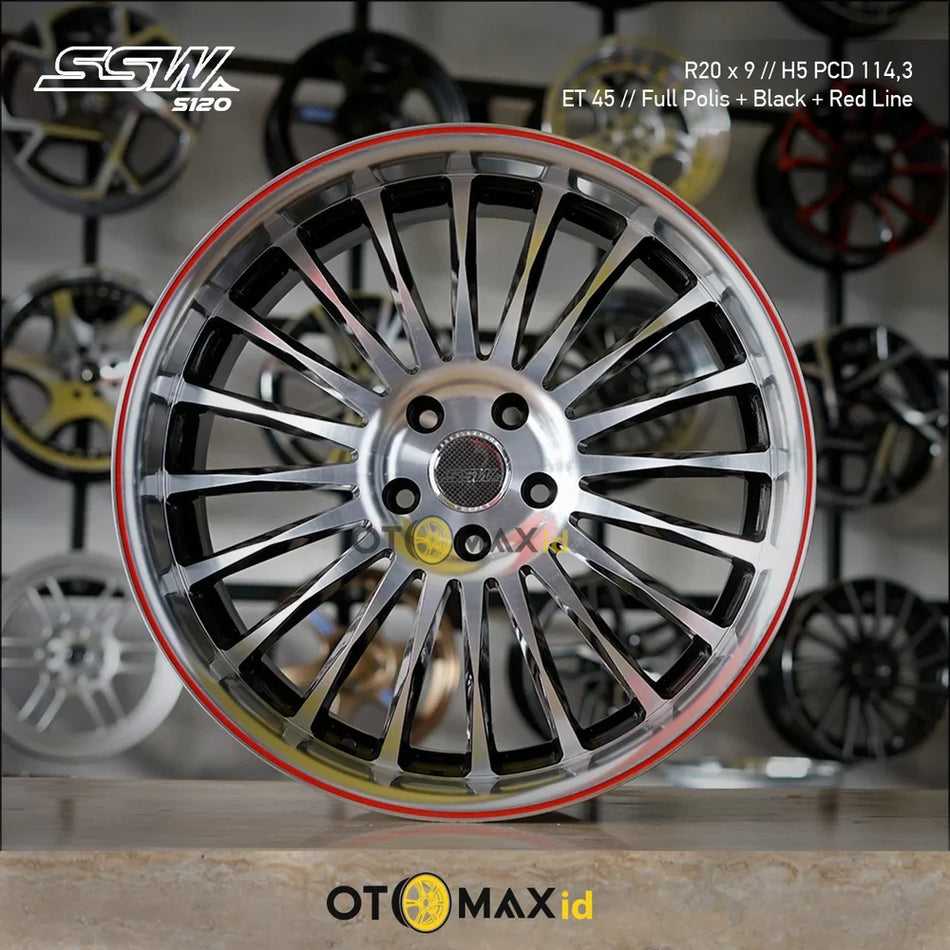 Velg Mobil SSW S120 Ring 20 Full Polish Hitam Garis Merah