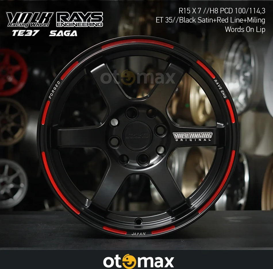 Velg Mobil Volk Rays TE37 Saga Ring 15 Black Satin Garis Merah Mill Words On Lip