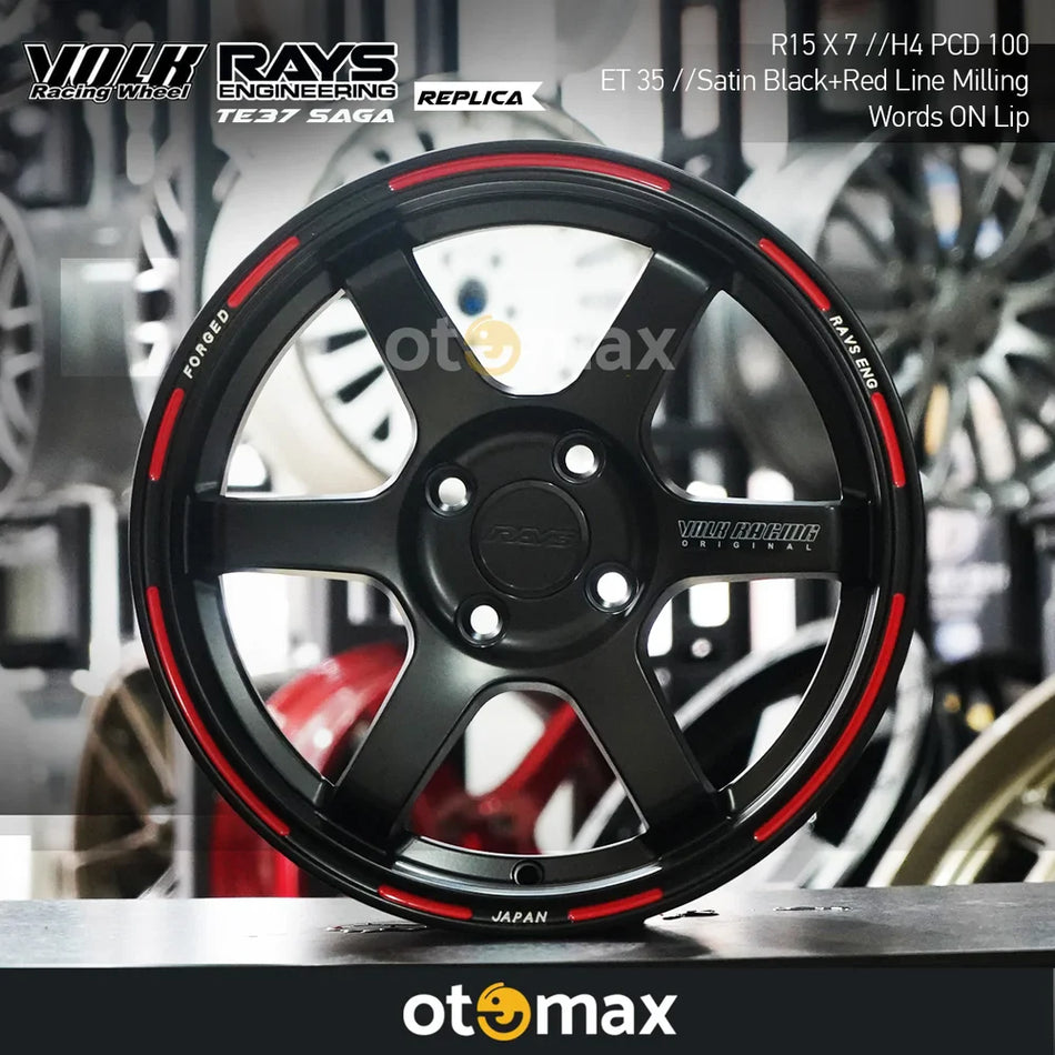 Velg Mobil Volk Rays TE37 Saga Ring 15 H4 Black Satin Garis Merah Penggilingan Kata Di Bibir