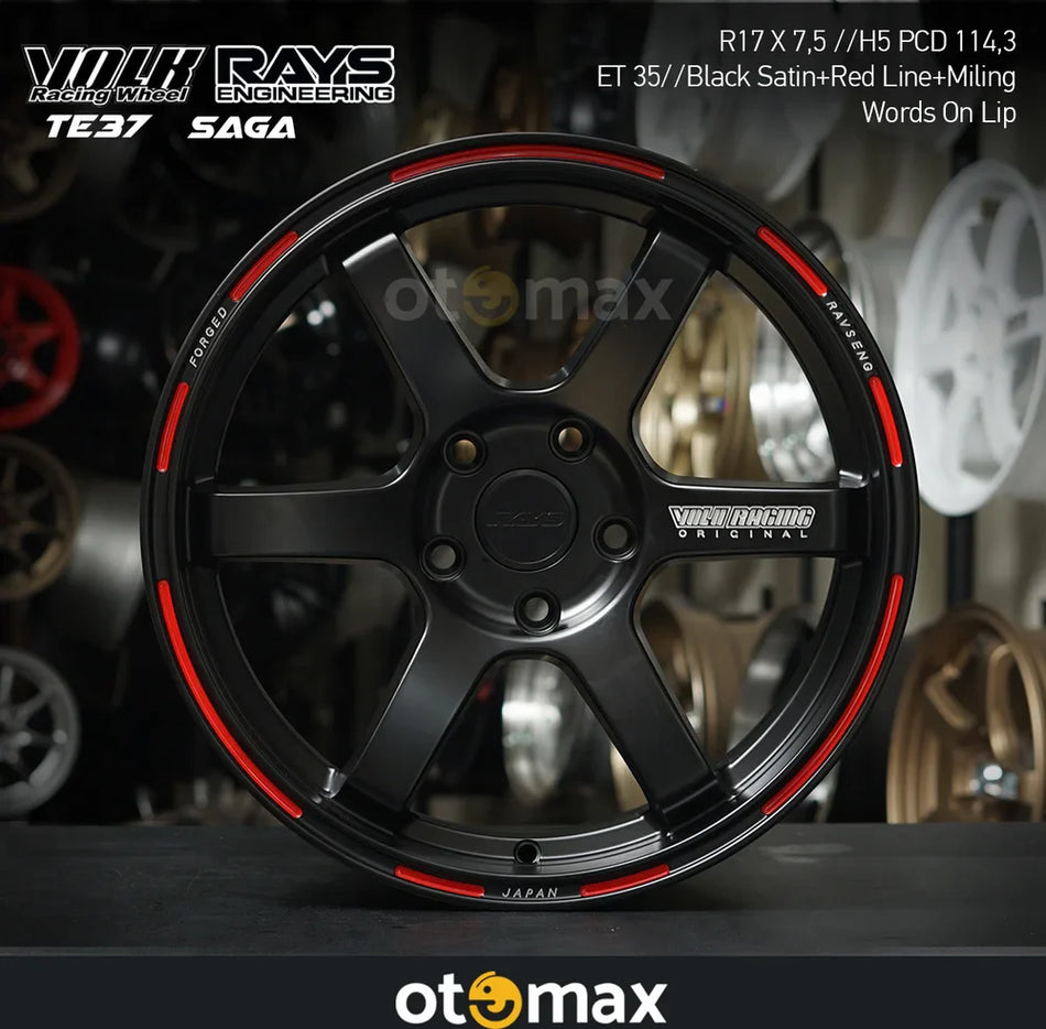 Velg Mobil Volk Rays TE37 Saga Ring 17 Black Satin Red line Mill Words On Lip