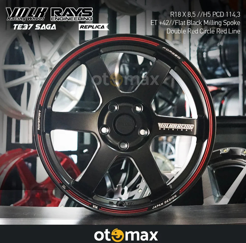 Velg Mobil Volk Rays TE37 Saga Ring 18 Flat Black Milling Spoke Lingkaran Merah Ganda Garis Merah